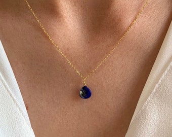 Collier femme pendentif Lapis Lazuli chaine fine / Collier acier inoxydable pierre naturelle bleu foncé