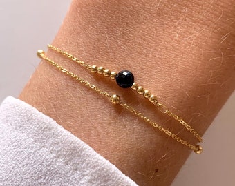 Women's double-strand bracelet with fine chain and natural onyx stone / Stainless steel bracelet