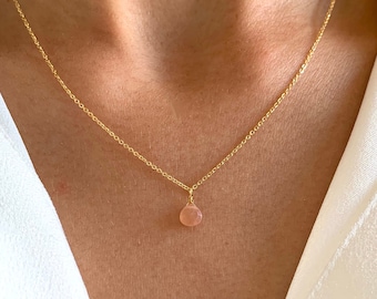 Collier fin chaine acier inoxydable pendentif pierre Quartz rose / Collier femme minimaliste chaine fine pierre naturelle goutte