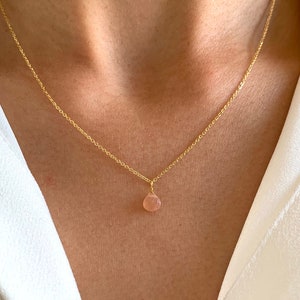 Collier fin chaine acier inoxydable pendentif pierre Quartz rose / Collier femme minimaliste chaine fine pierre naturelle goutte