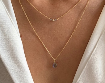 Collier fin double rang perles grises labradorite / Collier femme acier inoxydable pendentif goutte pierre naturelle