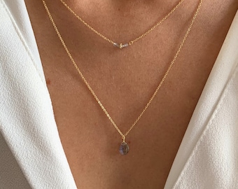 Delicate double-strand necklace with grey labradorite beads / Women's stainless steel necklace with natural stone teardrop pendant