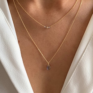 Fine double row necklace with gray labradorite beads / Women&#39;s stainless steel necklace with natural stone drop pendant