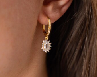 Classic stainless steel mini hoop earrings with oval crystal and cubic zirconia stones