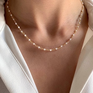 White agate natural stone necklace / Women&#39;s stainless steel pearl chain necklace