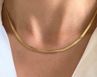 Stainless steel flat serpentine chain necklace / Women's gold chain necklace / Snake chain