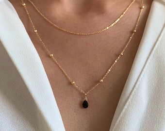 Double row necklace with black onyx stone drop pendant / Women's necklace with fine stainless steel chain