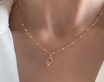 Collier Plaqué or 18k pendentif rond pierre naturelle cristal / Collier fin femme chaine à billes