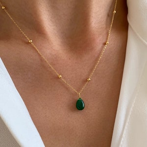 Fine green stone pendant necklace / Minimalist women's necklace with stainless steel chain image 1