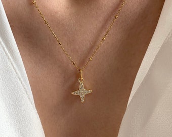 Stainless steel necklace star pendant set with brilliant zirconiums ball chain / Women's thin ball chain necklace