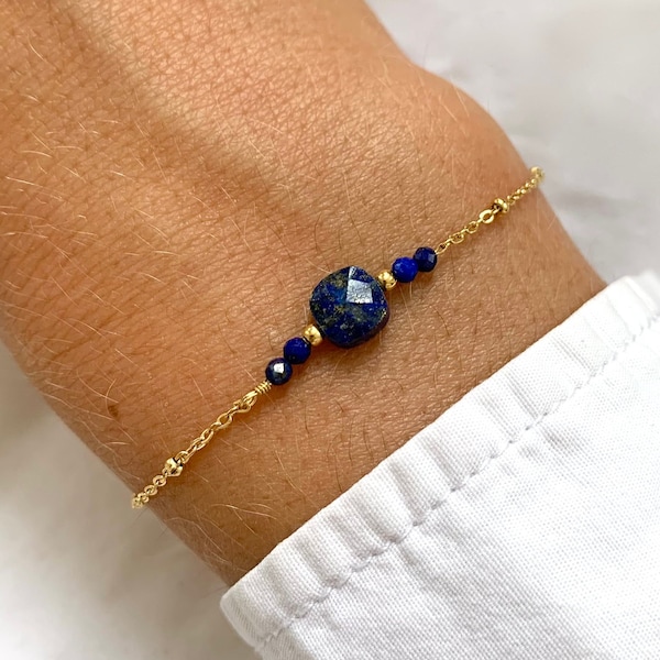 Bracelet acier inoxydable pierre naturelle lapis lazuli / Bracelet chaine fine perle carré bleu