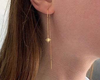 Dangling earrings on both sides star pendant / Stainless steel crossing chain earrings