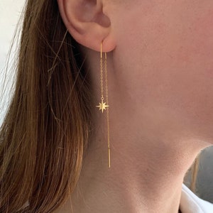 Dangling earrings on both sides star pendant / Stainless steel through chain earrings