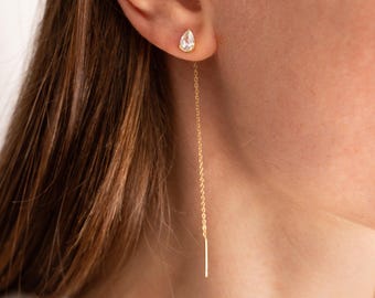 Drop-shaped chain earrings in cubic zirconia / Gold-plated stainless steel chain earrings