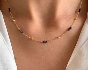 Collier pierre naturelle onyx noir / Collier femme chaine perles noires acier inoxydable