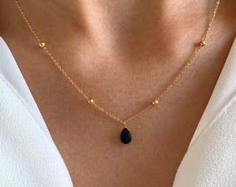 Collier fin pendentif pierre onyx noire / Collier femme minimaliste chaine fine acier inoxydable / Cadeau femme