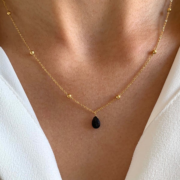 Collier fin pendentif pierre onyx noire / Collier femme minimaliste chaine fine acier inoxydable / Cadeau femme