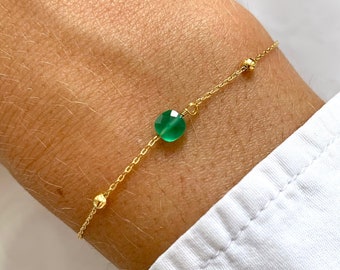 Bracelet femme acier inoxydable pierre cristal teinté verte chaine fine billes / Bracelet fin perle carrée