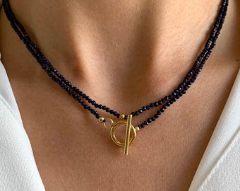 Midnight blue natural stone stainless steel necklace / Women's pearl choker necklace