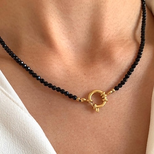 Black onyx natural stone necklace with stainless steel / Women's black pearl necklace