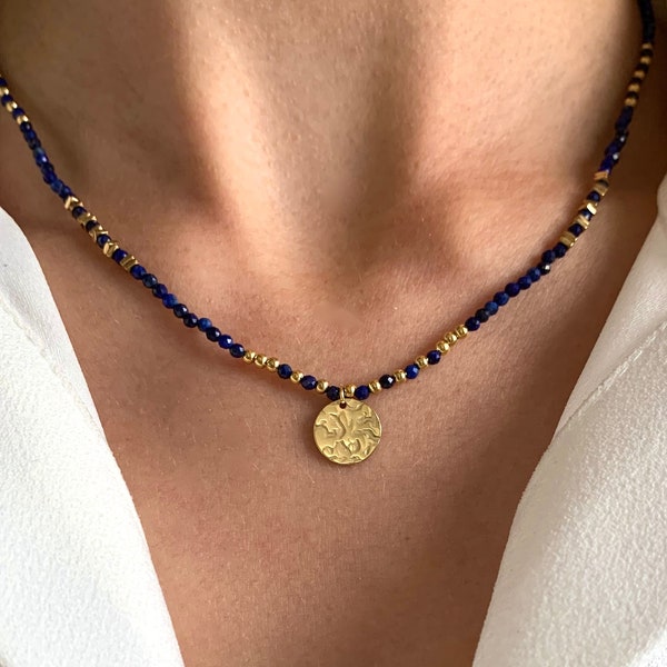 Collier pierre naturelle Lapis Lazuli / Collier femme perles bleues pendentif rond acier inoxydable