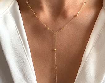 Long stainless steel women's necklace / Y-shaped lasso necklace with ball chain