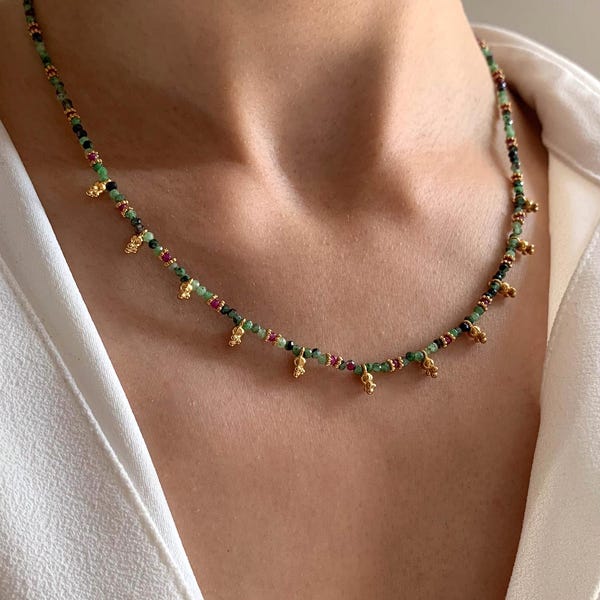 Halsketting van natuursteen Ruby Zoisiet / Halsketting met groene parel voor dames