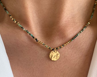 Natural African Turquoise Stone Necklace / Women's Necklace with Round Stainless Steel Pendant Beads / Stainless Steel Round Beaded Pendant
