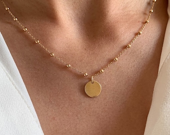 Gold plated round pendant necklace with ball chain medallion / Women's thin necklace with minimalist ball chain / Women's gift