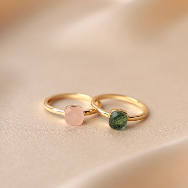 Bague femme plaqué or pierre naturelle verte ou rose / Bague fine