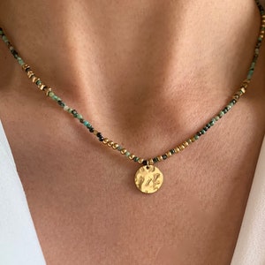 African Turquoise natural stone necklace / Women's necklace with stainless steel round pendant beads