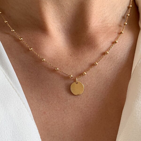Gold plated necklace round pendant ball chain medal / Women's fine minimalist ball chain necklace / Women's gift