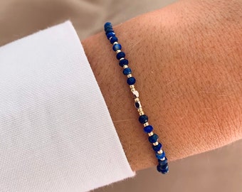 Bracelet femme pierre naturelle Lapis Lazuli / Bracelet coulissant perles bleu foncé