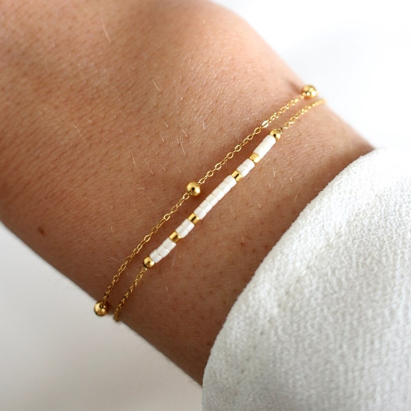 Bracelet double perles japonaises miyuki / Bracelet fin perles blanches