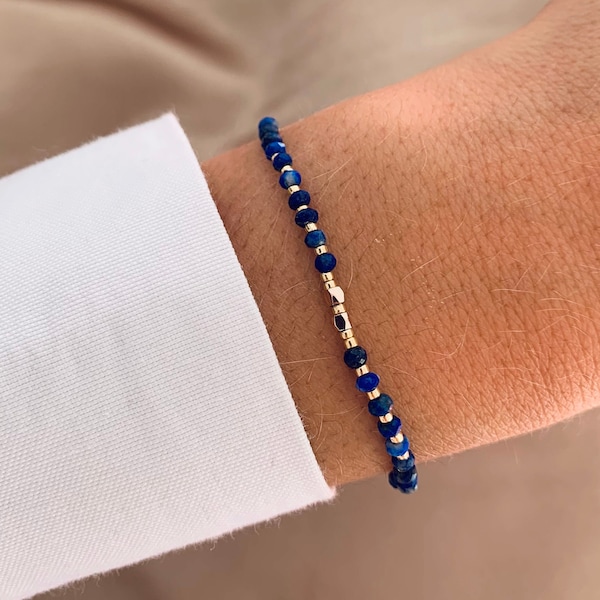 Bracelet femme pierre naturelle Lapis Lazuli / Bracelet coulissant perles bleu foncé