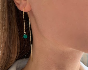 Dangle earrings with green agate natural stone on both sides / Stainless steel chain earrings
