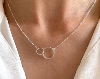 925 silver women's necklace with round ring pendant / Women's double ring necklace