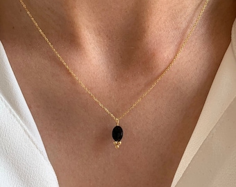 Collier femme pendentif pierre ovale Onyx noir chaine fine / Collier acier inoxydable pierre noire