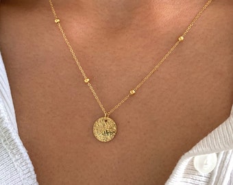 Stainless steel necklace with hammered round pendant and ball chain / Women's fine ball chain necklace