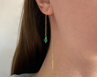 Dangling earring on both sides natural green agate stone / Stainless steel front back through chain earrings