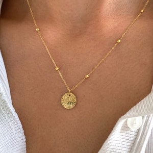 Collier acier inoxydable pendentif rond martelé chaine boule / Collier femme fin chaine billes image 1