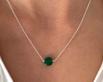 Collier Argent 925 pendentif pierre naturelle Cristal vert / Collier femme minimaliste chaine fine / Cadeau femme