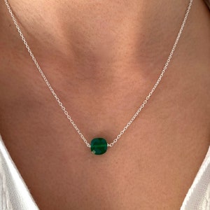 925 Silver Necklace with Natural Stone Pendant and Green Crystal / Minimalist Women&#39;s Necklace with Fine Chain / Women&#39;s Gift