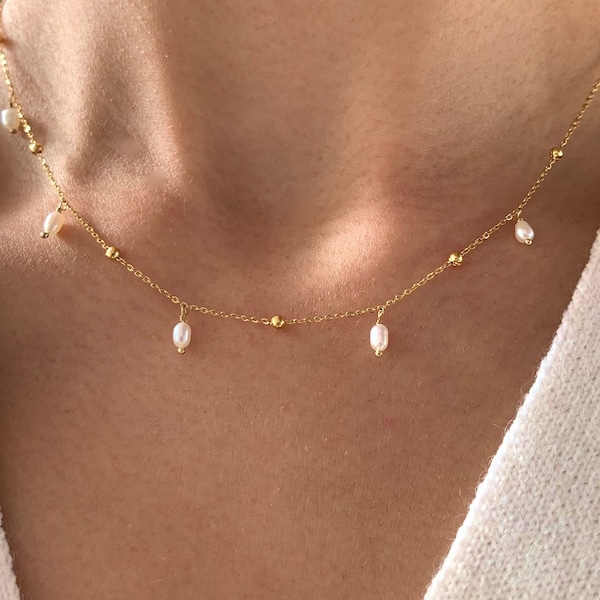 Stainless steel chain necklace with beads and freshwater pearl pendants / Minimalist women's choker necklace