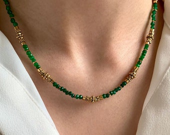 Collier pierre naturelle agate verte acier inoxydable / Collier femme perles vertes