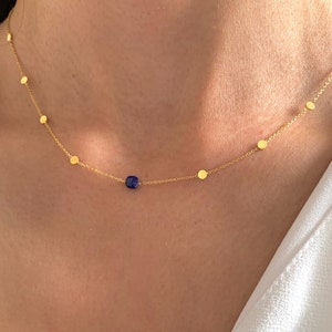 Thin square Lapis Lazuli stone pendant necklace / Minimalist women's necklace with fine stainless steel chain