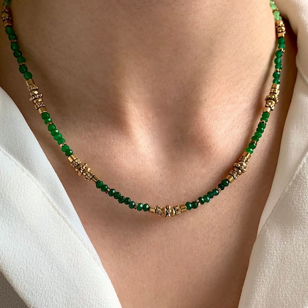 Collier pierre naturelle agate verte acier inoxydable / Collier femme perles vertes