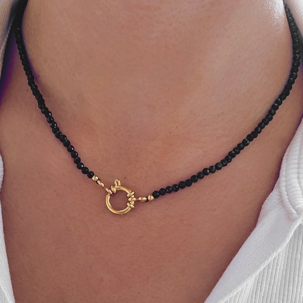 Schwarze Onyx-Naturstein-Halskette aus Edelstahl / Schwarze Perlenkette für Damen
