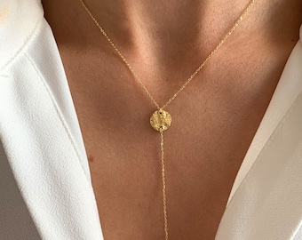 Collier femme long en acier inoxydable pendentif rond martelé / Collier lasso en Y chaine fine minimaliste