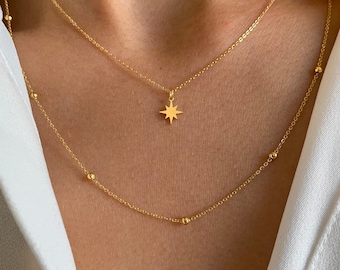 Stainless steel star pendant ball chain necklace / Women's thin double chain necklace